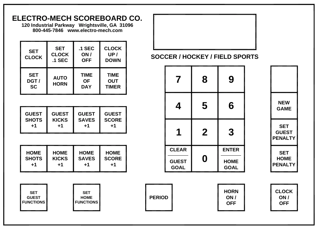 Figure 17 Keypad Layout — ELECTRO-MECH SCOREBOARD CO., 120 Industrial Parkway Wrightsville, GA 31096 800-445-7846 www.electro-mech.com, SET CLOCK, SET CLOCK .1 SEC, .1 SEC ON / OFF, CLOCK UP / DOWN, SOCCER / HOCKEY / FIELD SPORTS, SET DGT / SC, AUTO HORN, TIME OF DAY, TIME OUT TIMER, NEW GAME, GUEST SHOTS +1, GUEST KICKS +1, GUEST SAVES +1, GUEST SCORE +1, SET GUEST PENALTY, HOME SHOTS +1, HOME KICKS +1, HOME SAVES +1, HOME SCORE +1, CLEAR, ENTER, SET HOME PENALTY, GUEST GOAL, HOME GOAL, SET GUEST FUNCTIONS, SET HOME FUNCTIONS, HORN ON / OFF, CLOCK ON / OFF, PERIOD