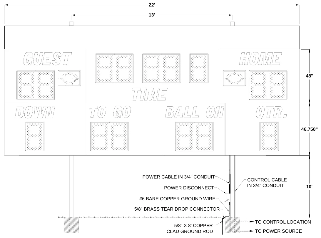 Figure 2 3265 with Optional Top Sponsor Panel Post Spacing — 22', 13', 48", 46.750", POWER CABLE IN 3/4" CONDUIT, CONTROL CABLE IN 3/4" CONDUIT, POWER DISCONNECT, 10', #6 BARE COPPER GROUND WIRE, 5/8" BRASS TEAR DROP CONNECTOR, TO CONTROL LOCATION, 5/8" X 8' COPPER CLAD GROUND ROD, TO POWER SOURCE
