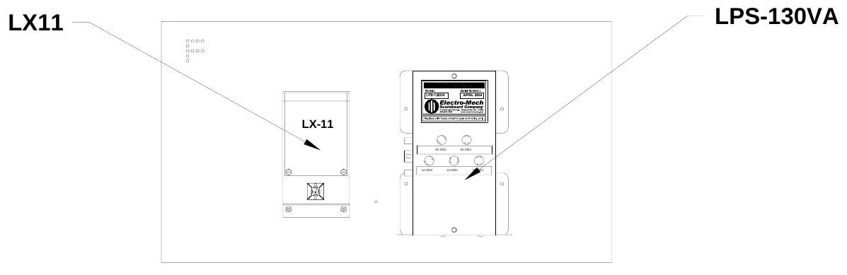 Figure 7 Locker Room Clock Internal Components — LX11, LPS-130VA, LX-11, SE, 5A 250V, FU, F U, S E, S FU E, 5A 250V, S F U E, SE, F U, F U, S E, F U S E, FU SE, S F U E, 1A 250V, 1A 250V, 3A 250V, S F U E