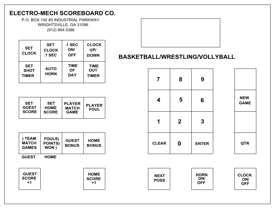Figure 3 Keypad Layout — ELECTRO-MECH SCOREBOARD CO., P.O. BOX 102 #3 INDUSTRIAL PARKWAY WRIGHTSVILLE, GA 31096 (912) 864-3366, SET CLOCK, SET CLOCK .1 SEC, .1 SEC ON/ OFF, CLOCK UP/ DOWN, BASKETBALL/WRESTLING/VOLLYBALL, SET SHOT TIMER, AUTO HORN, TIME OF DAY, TIME OUT TIMER, 7, 8, 9, 4, 5, 6, NEW GAME, SET GUEST SCORE, SET HOME SCORE, PLAYER MATCH GAME, PLAYER FOUL, 1, 2, 3, ( TEAM MATCH GAMES, FOULS) POINTS) WON ), GUEST BONUS, HOME BONUS, CLEAR, 0, ENTER, QTR, GUEST, HOME, GUEST SCORE +1, HOME SCORE +1, NEXT POSS, HORN ON/ OFF, CLOCK ON/ OFF