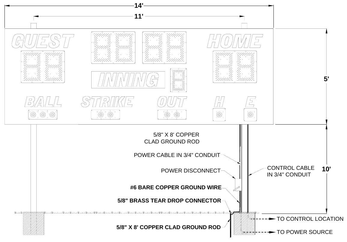 Figure 1 1390 Post Spacing — 14', 11', 5', 5/8" X 8' COPPER CLAD GROUND ROD, POWER CABLE IN 3/4" CONDUIT, POWER DISCONNECT, CONTROL CABLE IN 3/4" CONDUIT, 10', #6 BARE COPPER GROUND WIRE, 5/8" BRASS TEAR DROP CONNECTOR, TO CONTROL LOCATION, 5/8" X 8' COPPER CLAD GROUND ROD, TO POWER SOURCE
