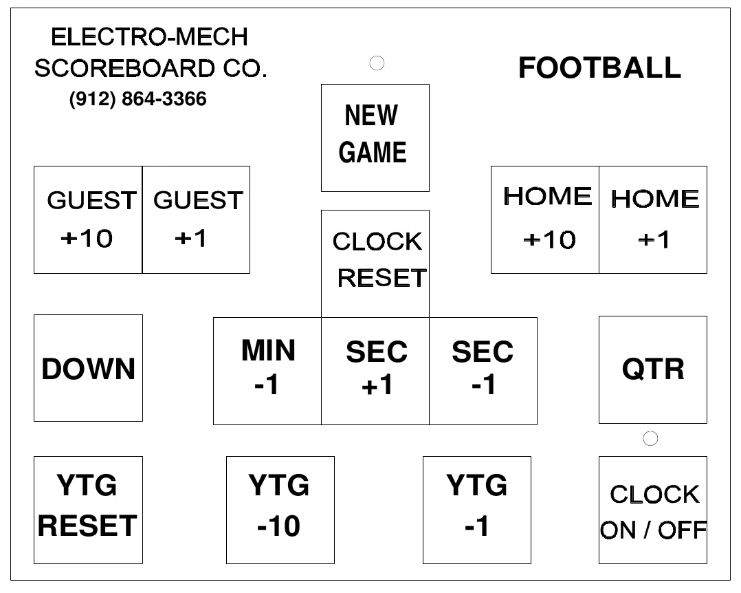 Figure 12 Keypad Layout — FOOTBALL, (912) 864-3366, NEW GAME, MIN -1, SEC +1, SEC -1, DOWN, QTR, YTG RESET, YTG -10, YTG -1