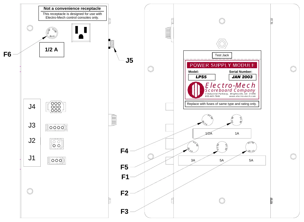 Figure 16 LPS5 Fuse Locations — Not a convenience receptacle, This receptacle is designed for use with Electro-Mech control consoles only., F U S, E, F U, S E, F U S E, 1/2 A, F6, Test Jack, J5, Model:, Serial Number:, LPS5, JAN 2003, Electro-Mech, Scoreboard Company, 3 Industrial Parkway, Wrightsville, GA 31096 800-445-7846 www.electro-mech.com, J4, Replace with fuses of same type and rating only., F U, S E, SE, F U S E, FU S E, J3, F U, 1/2A, 1A, J2, F U, S F U E, SE, S E, F U SE, F U S E, F4, FU, S F U E, J1, 3A, 5A, 5A, F5 F1, F2, F3