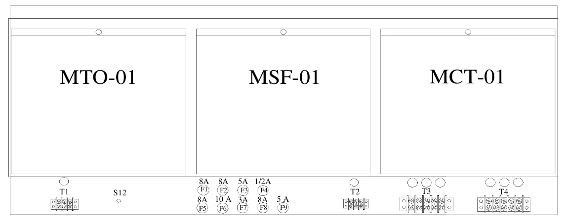 Figure 6 Upper Access Panel Removed — MTO-01, MSF-01, MCT-01, 8A, 8A, 5A 1/2A, T1, S12, F1, F2, F3, F4, T2, T3, T4, 8A 10 A 3A, 8A, 5 A, F5, F6, F7, F8, F9