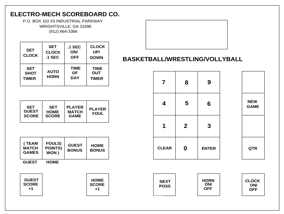 Figure 7 Keypad Layout — ELECTRO-MECH SCOREBOARD CO., P.O. BOX 102 #3 INDUSTRIAL PARKWAY WRIGHTSVILLE, GA 31096 (912) 864-3366, SET CLOCK, SET CLOCK .1 SEC, .1 SEC ON/ OFF, CLOCK UP/ DOWN, BASKETBALL/WRESTLING/VOLLYBALL, SET SHOT TIMER, AUTO HORN, TIME OF DAY, TIME OUT TIMER, 7, 8, 9, 4, 5, 6, NEW GAME, SET GUEST SCORE, SET HOME SCORE, PLAYER MATCH GAME, PLAYER FOUL, 1, 2, 3, ( TEAM MATCH GAMES, FOULS) POINTS) WON ), GUEST BONUS, HOME BONUS, CLEAR, 0, ENTER, QTR, GUEST, HOME, GUEST SCORE +1, HOME SCORE +1, NEXT POSS, HORN ON/ OFF, CLOCK ON/ OFF