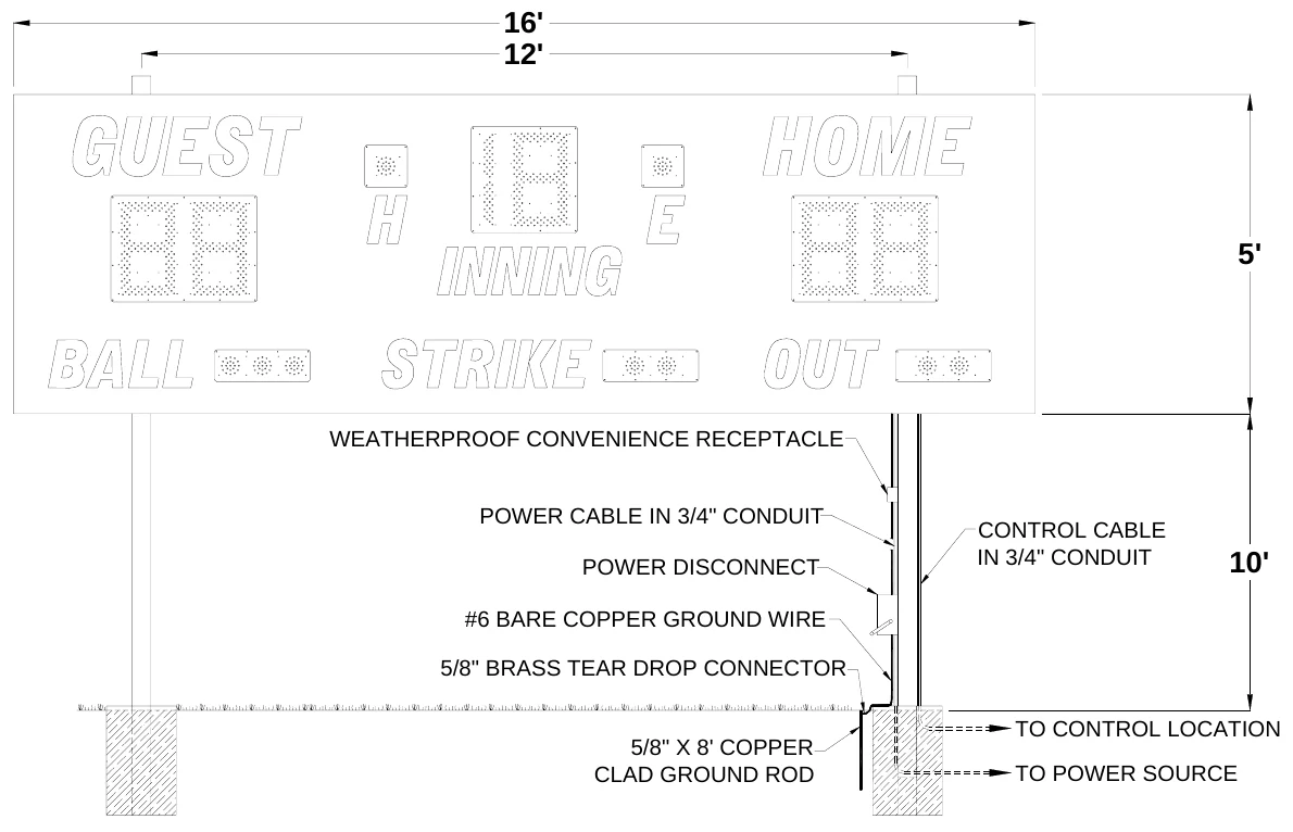 Figure 1 1070 Post Spacing — 16' 12', 5', WEATHERPROOF CONVENIENCE RECEPTACLE, POWER CABLE IN 3/4" CONDUIT, CONTROL CABLE IN 3/4" CONDUIT, POWER DISCONNECT, 10', #6 BARE COPPER GROUND WIRE, 5/8" BRASS TEAR DROP CONNECTOR, TO CONTROL LOCATION, 5/8" X 8' COPPER CLAD GROUND ROD, TO POWER SOURCE