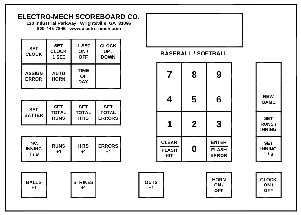 Figure 11 Keypad Layout — ELECTRO-MECH SCOREBOARD CO., 120 Industrial Parkway Wrightsville, GA 31096 800-445-7846 www.electro-mech.com, SET CLOCK, SET CLOCK .1 SEC, .1 SEC ON / OFF, CLOCK UP / DOWN, BASEBALL / SOFTBALL, ASSIGN ERROR, AUTO HORN, TIME OF DAY, NEW GAME, SET BATTER, SET TOTAL RUNS, SET TOTAL HITS, SET TOTAL ERRORS, SET RUNS / INNING, INC. INNING T / B, CLEAR, ENTER, RUNS +1, HITS +1, ERRORS +1, SET INNING T / B, FLASH HIT, FLASH ERROR, BALLS +1, STRIKES +1, OUTS +1, HORN ON / OFF, CLOCK ON / OFF