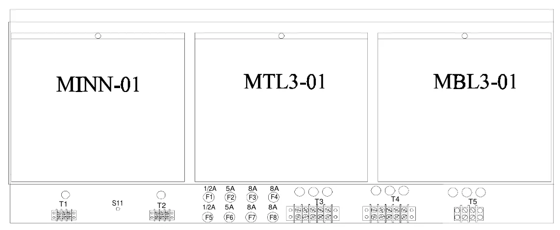 Figure 13 Lower Access Panel Components — 1/2A F1, 5A F2 5A, 8A F3 8A, 8A F4, T1, S11, T2, T3, T4, T5, 1/2A, 8A, F5, F6, F7, F8