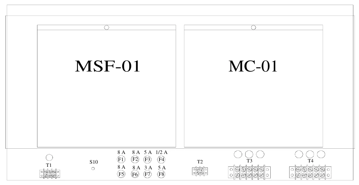 Figure 7 Upper Access Panel Removed — MSF-01, MC-01, 8 A F1 8 A F5, 8 A 5 A 1/2 A F2 F3 F4, T3, T1, S10, T2, T4, 8 A 3 A F6 F7, 5 A F8