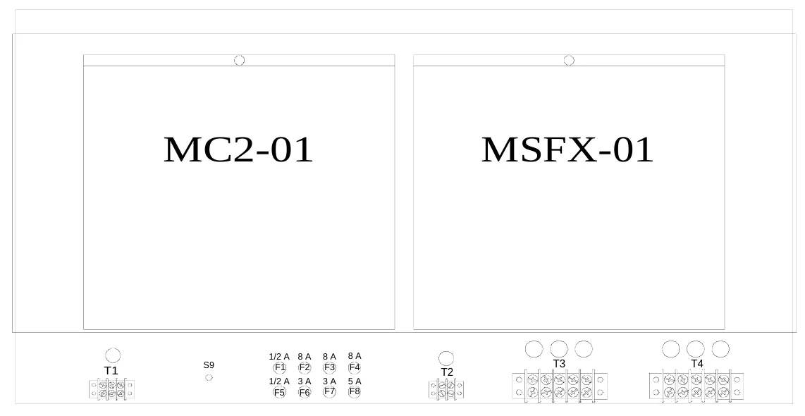 Figure 7 Access Panel Removed — MC2-01, MSFX-01, 1/2 A 8 A F1 F2 1/2 A 3 A F5 F6, 8 A F3 3 A F7, 8 A F4 5 A F8, T1, S9, T3, T4, T2