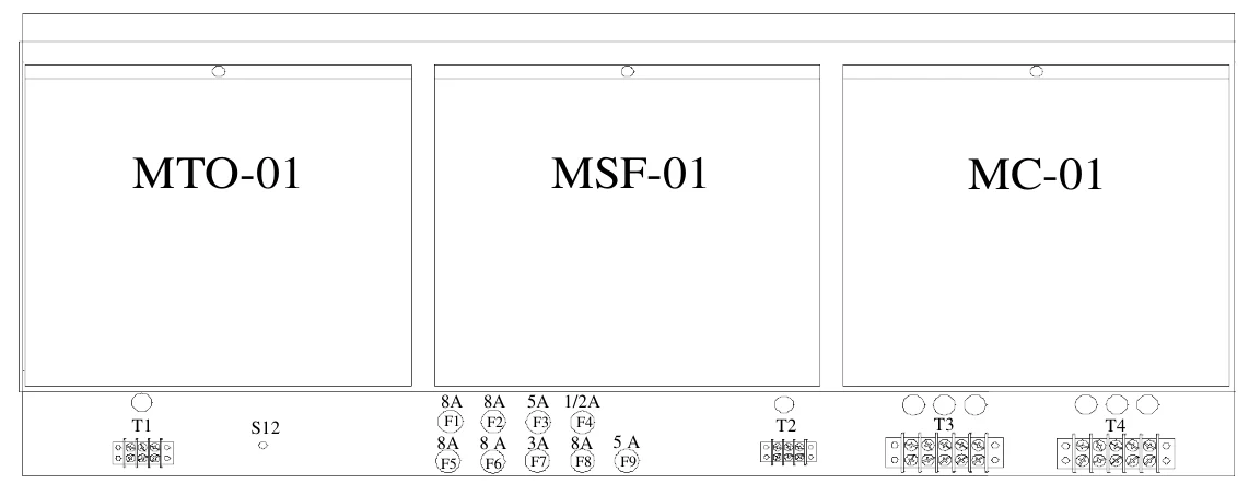 Figure 16 Upper Access Panel Components — MTO-01, MSF-01, MC-01, 8A, 8A, 5A 1/2A, T1, S12, F1, F2, F3, F4, T2, T3, T4, 8A, 8 A, 3A, 8A, 5 A, F5, F6, F7, F8, F9