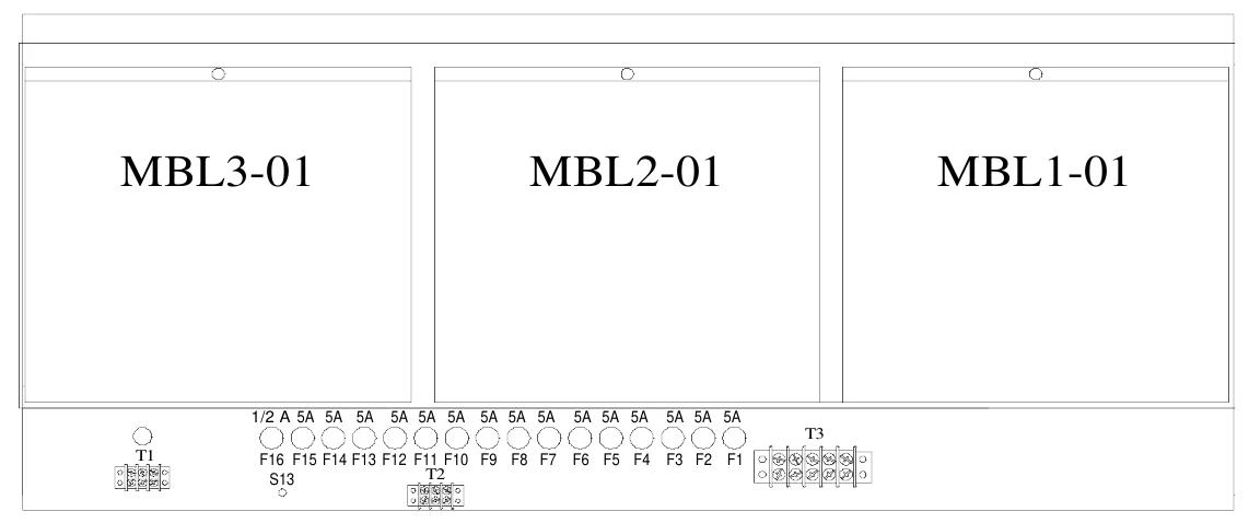 Figure 7 Bottom Access Panel Removed — MBL3-01, MBL2-01, MBL1-01, 1/2 A 5A 5A 5A, 5A 5A 5A 5A 5A 5A, 5A 5A 5A, 5A 5A 5A, T3, T1, F16 F15 F14 F13 F12 F11 F10 F9 F8 F7 T2 S13, F6 F5 F4, F3 F2 F1