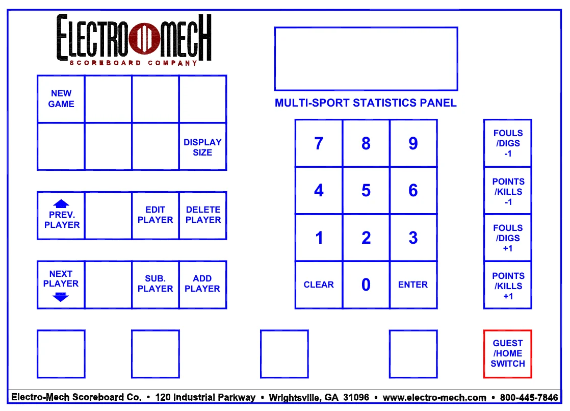 Figure 5 2056 Keypad Layout — NEW GAME, MULTI-SPORT STATISTICS PANEL, FOULS /DIGS -1, DISPLAY SIZE, POINTS /KILLS -1, PREV. PLAYER, EDIT PLAYER, DELETE PLAYER, FOULS /DIGS +1, NEXT PLAYER, SUB. PLAYER, ADD PLAYER, POINTS /KILLS +1, CLEAR, ENTER, GUEST /HOME SWITCH