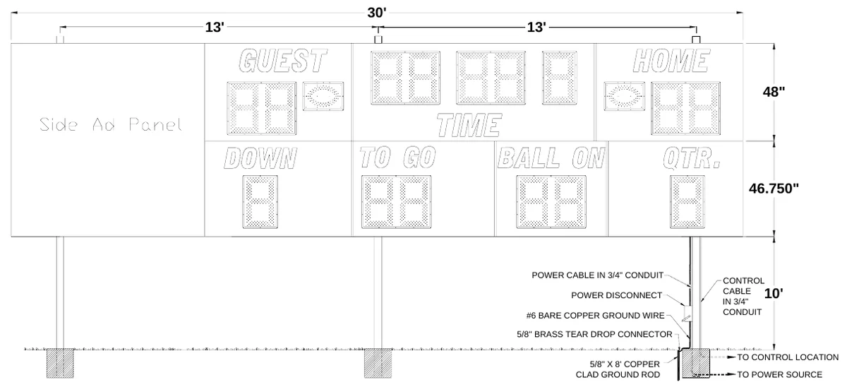 Figure 3 3265 with Side Sponsor Panel Post Spacing — 30', 13', 13', 48", 46.750", POWER CABLE IN 3/4" CONDUIT, CONTROL CABLE IN 3/4" CONDUIT, POWER DISCONNECT, 10', #6 BARE COPPER GROUND WIRE, 5/8" BRASS TEAR DROP CONNECTOR, 5/8" X 8' COPPER CLAD GROUND ROD, TO CONTROL LOCATION, TO POWER SOURCE