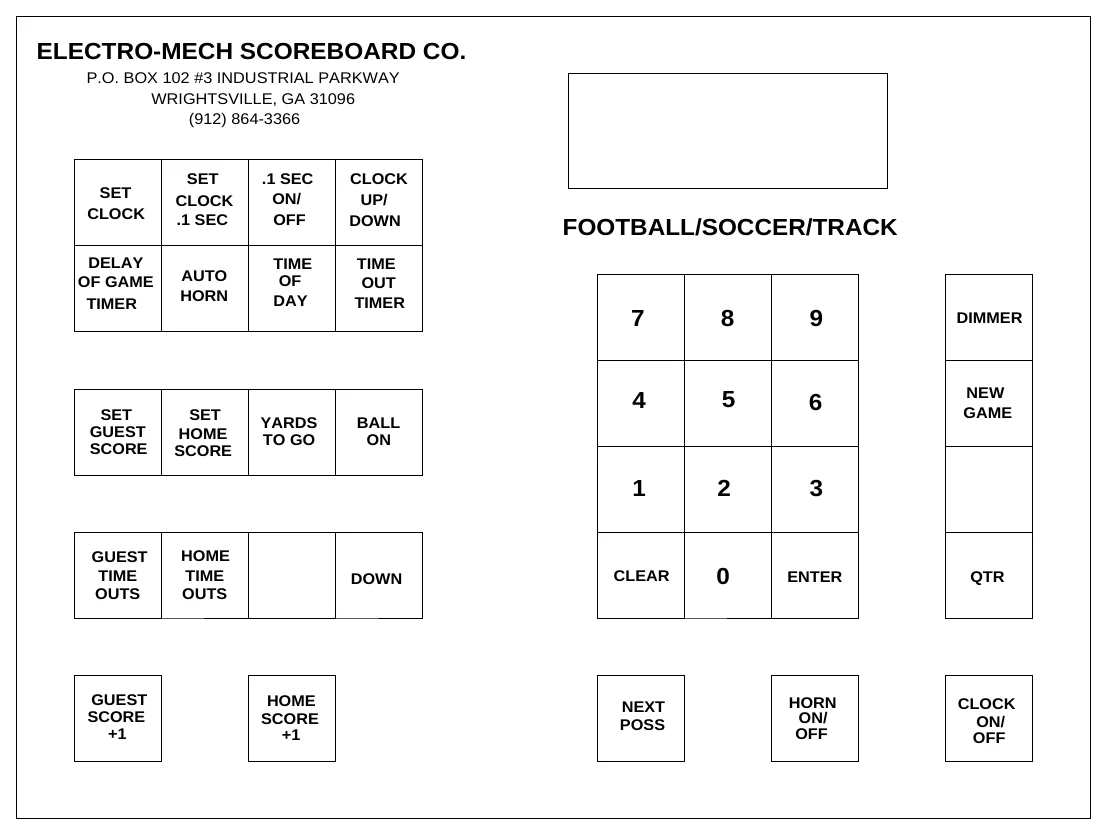 Figure 11 Keypad Layout — ELECTRO-MECH SCOREBOARD CO., P.O. BOX 102 #3 INDUSTRIAL PARKWAY WRIGHTSVILLE, GA 31096 (912) 864-3366, SET CLOCK .1 SEC, .1 SEC ON/ OFF, CLOCK UP/ DOWN, SET CLOCK, FOOTBALL/SOCCER/TRACK, DELAY OF GAME TIMER, TIME OF DAY, TIME OUT TIMER, AUTO HORN, 7, 8, 9, DIMMER, 4, 5, 6, NEW GAME, SET GUEST SCORE, SET HOME SCORE, YARDS TO GO, BALL ON, 1, 2, 3, GUEST TIME OUTS, HOME TIME OUTS, DOWN, CLEAR, 0, ENTER, QTR, GUEST SCORE +1, HOME SCORE +1, NEXT POSS, HORN ON/ OFF, CLOCK ON/ OFF