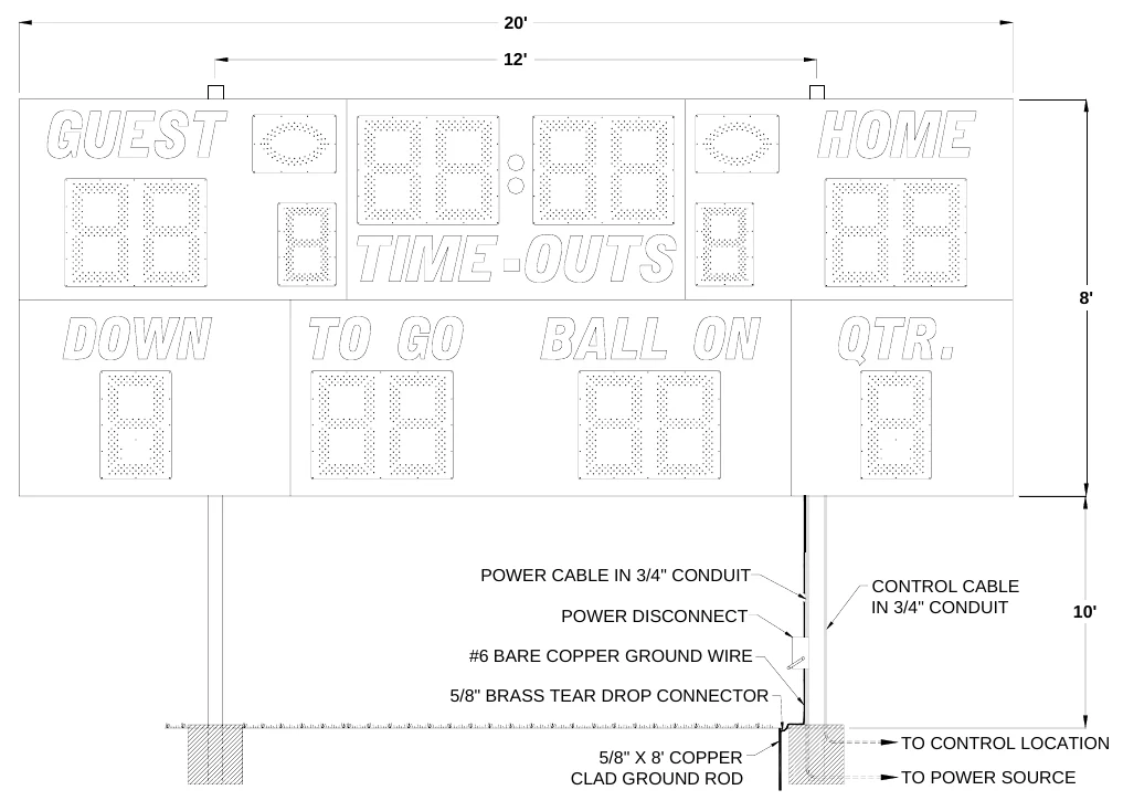 Figure 1 3270 Post Spacing — 20', 12', 8', POWER CABLE IN 3/4" CONDUIT, CONTROL CABLE IN 3/4" CONDUIT, POWER DISCONNECT, 10', #6 BARE COPPER GROUND WIRE, 5/8" BRASS TEAR DROP CONNECTOR, TO CONTROL LOCATION, 5/8" X 8' COPPER CLAD GROUND ROD, TO POWER SOURCE