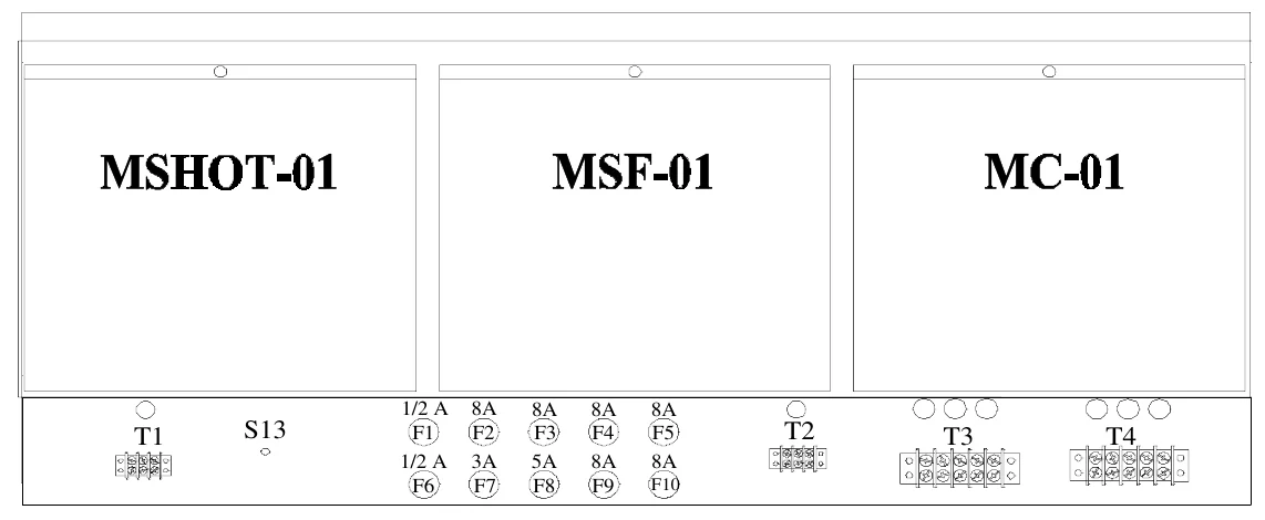 Figure 7 Access Panel Removed — 1/2 A F1 1/2 A F6, 8A F2 3A F7, 8A F3 5A F8, 8A F4 8A F9, 8A F5 8A, T1, S13, T2, T3, T4, F10