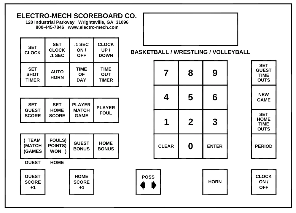 Figure 7 2665 Keypad Layout — ELECTRO-MECH SCOREBOARD CO., 120 Industrial Parkway Wrightsville, GA 31096 800-445-7846 www.electro-mech.com, SET CLOCK, SET CLOCK .1 SEC, .1 SEC ON / OFF, CLOCK UP / DOWN, BASKETBALL / WRESTLING / VOLLEYBALL, SET GUEST TIME OUTS, SET SHOT TIMER, AUTO HORN, TIME OF DAY, TIME OUT TIMER, NEW GAME, SET GUEST SCORE, SET HOME SCORE, PLAYER MATCH GAME, PLAYER FOUL, SET HOME TIME OUTS, ( TEAM (MATCH (GAMES, FOULS) POINTS) WON ), GUEST BONUS, HOME BONUS, CLEAR, ENTER, PERIOD, GUEST, HOME, GUEST SCORE +1, HOME SCORE +1, POSS, CLOCK ON / OFF, HORN