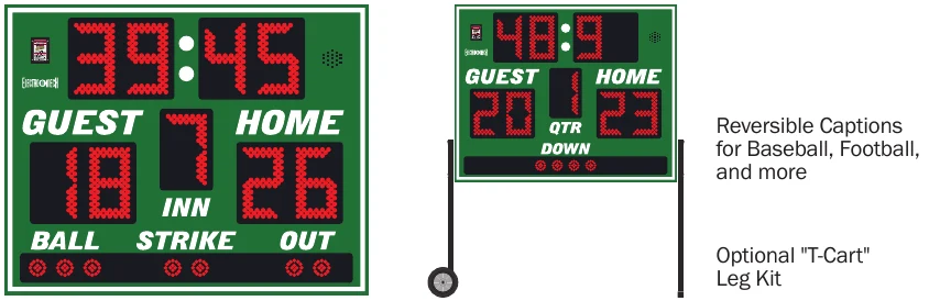 Model LX1320 scoreboard face — Outdoor, Multi-Sport Portable — Reversible Captions for Baseball, Football, and more; Optional "T-Cart" Leg Kit