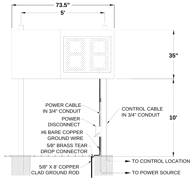 Figure 2 3050 with Side Sponsor Panel Post Spacing — 73.5" 5', 35", POWER CABLE IN 3/4" CONDUIT, CONTROL CABLE IN 3/4" CONDUIT, POWER DISCONNECT, 10', #6 BARE COPPER GROUND WIRE, 5/8" BRASS TEAR DROP CONNECTOR, TO CONTROL LOCATION, 5/8" X 8' COPPER CLAD GROUND ROD, TO POWER SOURCE