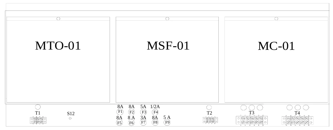 Figure 6 Upper Access Panel Removed — MTO-01, MSF-01, MC-01, 8A, 8A, 5A 1/2A, T1, S12, F1, F2, F3, F4, T2, T3, T4, 8A, 8 A, 3A, 8A, 5 A, F5, F6, F7, F8, F9