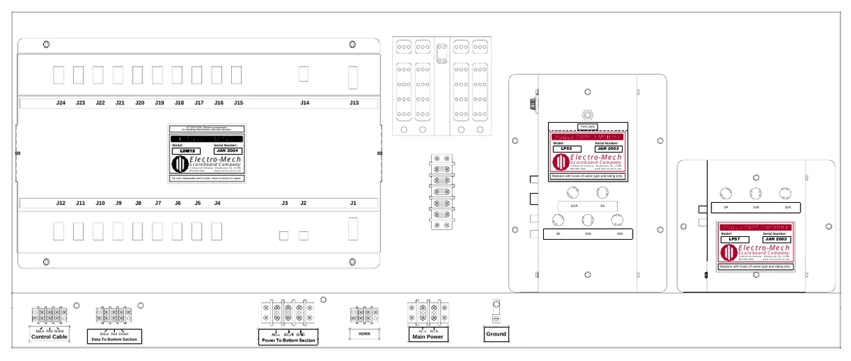 Figure 22 Upper Access Panel Components — J24, J23, J22, J21, J20, J19, J18, J17, J16, J15, J14, J13, ATTENTION: Observe precautions for handling electrostatic sensitive devices., Test Jack, Model:, LDM12, Serial Number:, JAN 2004, Model:, LPS5, Serial Number:, Electro-Mech, Electro-Mech, JAN 2003, Scoreboard Company, 3 Industrial Parkway, Wrightsville, GA 31096 800-445-7846 www.electro-mech.com, Scoreboard Company, 3 Industrial Parkway, Wrightsville, GA 31096 800-445-7846 www.electro-mech.com, No user replaceable parts inside; return to factory for repair., Replace with fuses of same type and rating only., S E, F U, J8, J7, J6, J5, J4, J2, J1, F U, S E, FU S E, F U S E, F U, S E, F U S E, F U S E, S E F U, J12, J11, J10, J9, J3, S E, F U, S F U E, 1/2A, 1A, 3A, 10A, 10A, S E, F U, S E F U, F U, SE, FU S E, FU SE, S FU E, 3A, 10A, 10A, Model:, LPS7, Serial Number:, Electro-Mech, JAN 2003, Scoreboard Company, 3 Industrial Parkway, Wrightsville, GA 31096 800-445-7846 www.electro-mech.com, Replace with fuses of same type and rating only., Control Cable, Black Red Shield, Data To Bottom Section, Black Red Shield, HORN, Main Power, AC-L AC-N, Ground
