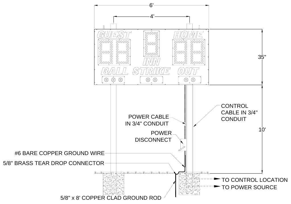 Figure 1 1050 Post Spacing — 6', 4', 35", CONTROL CABLE IN 3/4" CONDUIT, POWER CABLE IN 3/4" CONDUIT, 10', POWER DISCONNECT, #6 BARE COPPER GROUND WIRE, 5/8" BRASS TEAR DROP CONNECTOR, TO CONTROL LOCATION TO POWER SOURCE, 5/8" x 8' COPPER CLAD GROUND ROD