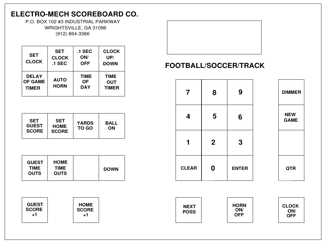 Figure 15 Keypad Layout — ELECTRO-MECH SCOREBOARD CO., P.O. BOX 102 #3 INDUSTRIAL PARKWAY WRIGHTSVILLE, GA 31096 (912) 864-3366, SET CLOCK .1 SEC, .1 SEC ON/ OFF, CLOCK UP/ DOWN, SET CLOCK, FOOTBALL/SOCCER/TRACK, DELAY OF GAME TIMER, TIME OF DAY, TIME OUT TIMER, AUTO HORN, 7, 8, 9, DIMMER, 4, 5, 6, NEW GAME, SET GUEST SCORE, SET HOME SCORE, YARDS TO GO, BALL ON, 1, 2, 3, GUEST TIME OUTS, HOME TIME OUTS, DOWN, CLEAR, 0, ENTER, QTR, GUEST SCORE +1, HOME SCORE +1, NEXT POSS, HORN ON/ OFF, CLOCK ON/ OFF