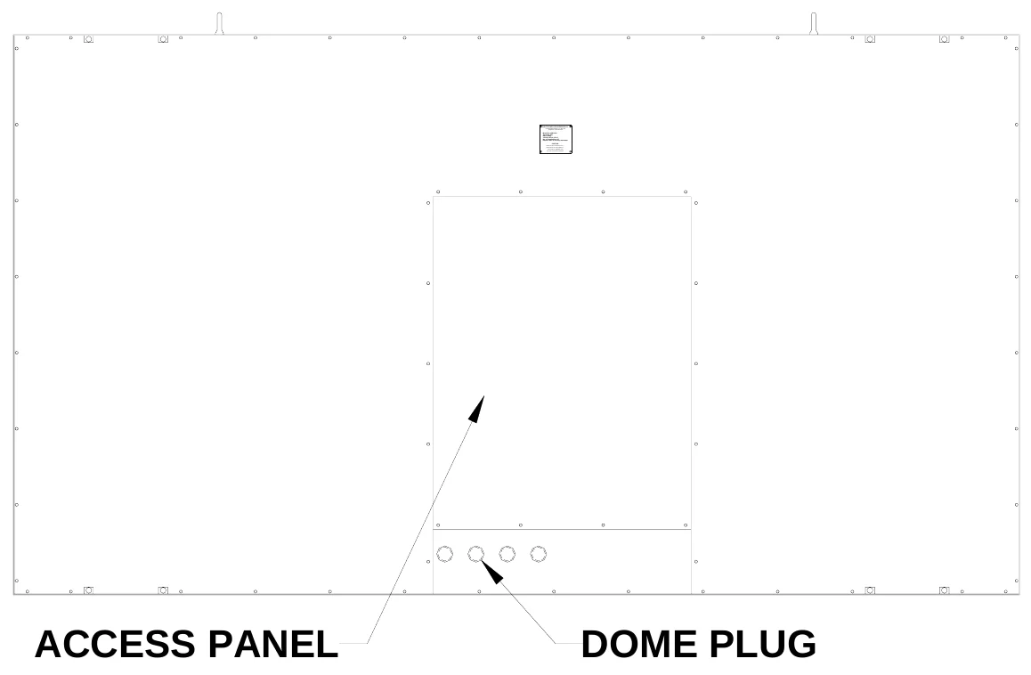 Figure 6 Rear Access Panel — ELECTRO-MECH SCOREBOARD CO., #3 Industrial Parkway P.O. Box 102, Wrightsville, GA 31096-0102, Ele ct ric shock hazard: Disconnect power befo re servicing equipment, Check with the applicable state a nd loca l codes before installation, CAUTION, ACCESS PANEL, DOME PLUG