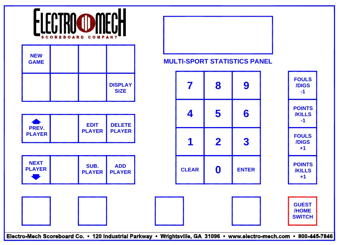 Figure 9 2055 Keypad Layout — NEW GAME, MULTI-SPORT STATISTICS PANEL, FOULS /DIGS -1, DISPLAY SIZE, POINTS /KILLS -1, PREV. PLAYER, EDIT PLAYER, DELETE PLAYER, FOULS /DIGS +1, NEXT PLAYER, SUB. PLAYER, ADD PLAYER, POINTS /KILLS +1, CLEAR, ENTER, GUEST /HOME SWITCH