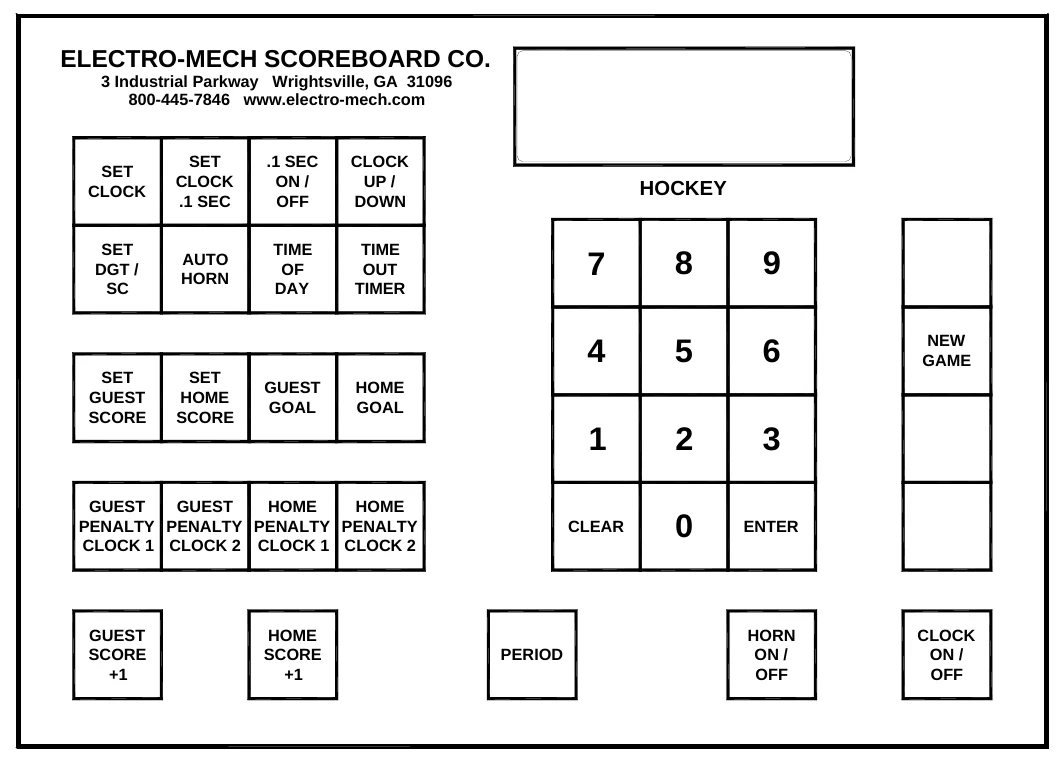 Figure 11 Keypad Layout — ELECTRO-MECH SCOREBOARD CO., 3 Industrial Parkway Wrightsville, GA 31096 800-445-7846 www.electro-mech.com, SET CLOCK, SET CLOCK .1 SEC, .1 SEC ON / OFF, CLOCK UP / DOWN, HOCKEY, SET DGT / SC, AUTO HORN, TIME OF DAY, TIME OUT TIMER, NEW GAME, SET GUEST SCORE, SET HOME SCORE, GUEST GOAL, HOME GOAL, GUEST GUEST HOME HOME PENALTY PENALTY PENALTY PENALTY CLOCK 1 CLOCK 2 CLOCK 1 CLOCK 2, CLEAR, ENTER, GUEST SCORE +1, HOME SCORE +1, HORN ON / OFF, CLOCK ON / OFF, PERIOD