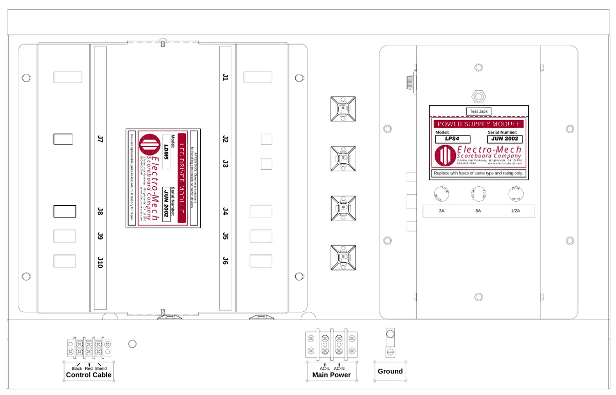 Figure 8 Access Panel Removed — J1, Test Jack, J7, No user replaceable parts inside; return to factory for repair., Model:, J2, Model:, LPS4, Serial Number:, JUN 2002, LDM5, ATTENTION: Observe precautions for handling electrostatic sensitive devices., Electro-Mech, 3 Industrial Parkway, Wrightsville, GA 31096 800-445-7846 www.electro-mech.com, Scoreboard Company, Electro-Mech, Scoreboard Company, J3, 3 Industrial Parkway, Wrightsville, GA 31096 800-445-7846 www.electro-mech.com, Replace with fuses of same type and rating only., JUN 2002, Serial Number:, F U, SE, S E, F U S E, F U S E, S F U E, FU, S F U E, J8, J4, 3A, 8A, 1/2A, J9, J5, J10, J6, Black Red Shield, AC-L AC-N, Control Cable, Main Power, Ground