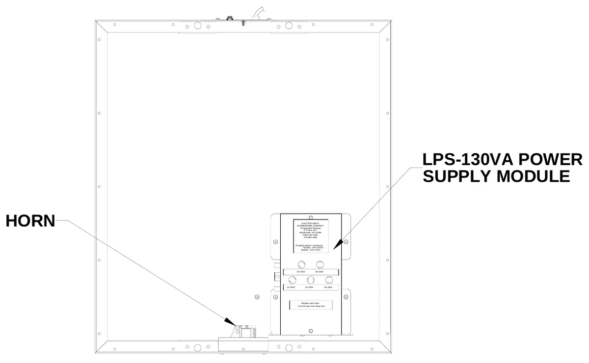 Figure 12 LPS-130VA Power Supply Module and Horn Locations — LPS-130VA POWER SUPPLY MODULE, HORN, ELECTRO-MECH SCOREBOARD COMPANY #3 Industrial Parkway P.O. Box 102 Wrightsville, GA 31096 1-800-445-7846 478-864-3366, POWER SUPPLY MODULE MODEL: LPS-130VA SERIAL: XXX XXXX, S E, F U, F U, S E, S F U E, 5A 250V, 5A 250V, S F U E, S E, FU, FU, S E, FU SE, F U S E, S F U E, 1A 250V, 1A 250V, 3A 250V, S E F U, Replace with fuses of same type and rating only