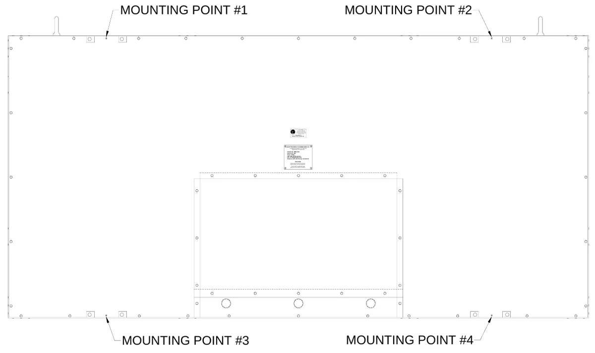 Figure 4 Mounting Points — MOUNTING POINT #1, MOUNTING POINT #2, 45236, LI S, ANSI/UL-1433 & ANSI/UL-48, T E D, R, US, CONFORMS TO, ETL LISTED ELECTRIC SIGNS AND CONTROL CENTERS FOR CHANGINE MESSAGE TYPE ELECTRIC SIGNS, ELECTRO-MECH SCOREBOARD CO., #3 Industrial Parkway P.O. Box 102, Wrightsville, GA 31096-0102, Electric shock hazard: Disconnect power before servicing equipment, Check with the applicable state and local codes before installation, CAUTION, MOUNTING POINT #3, MOUNTING POINT #4