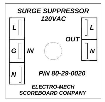 Figure 26 Surge Suppressor Terminals — SURGE SUPPRESSOR 120VAC, L, L, OUT, G, IN, N, N, P/N 80-29-0020, ELECTRO-MECH SCOREBOARD COMPANY