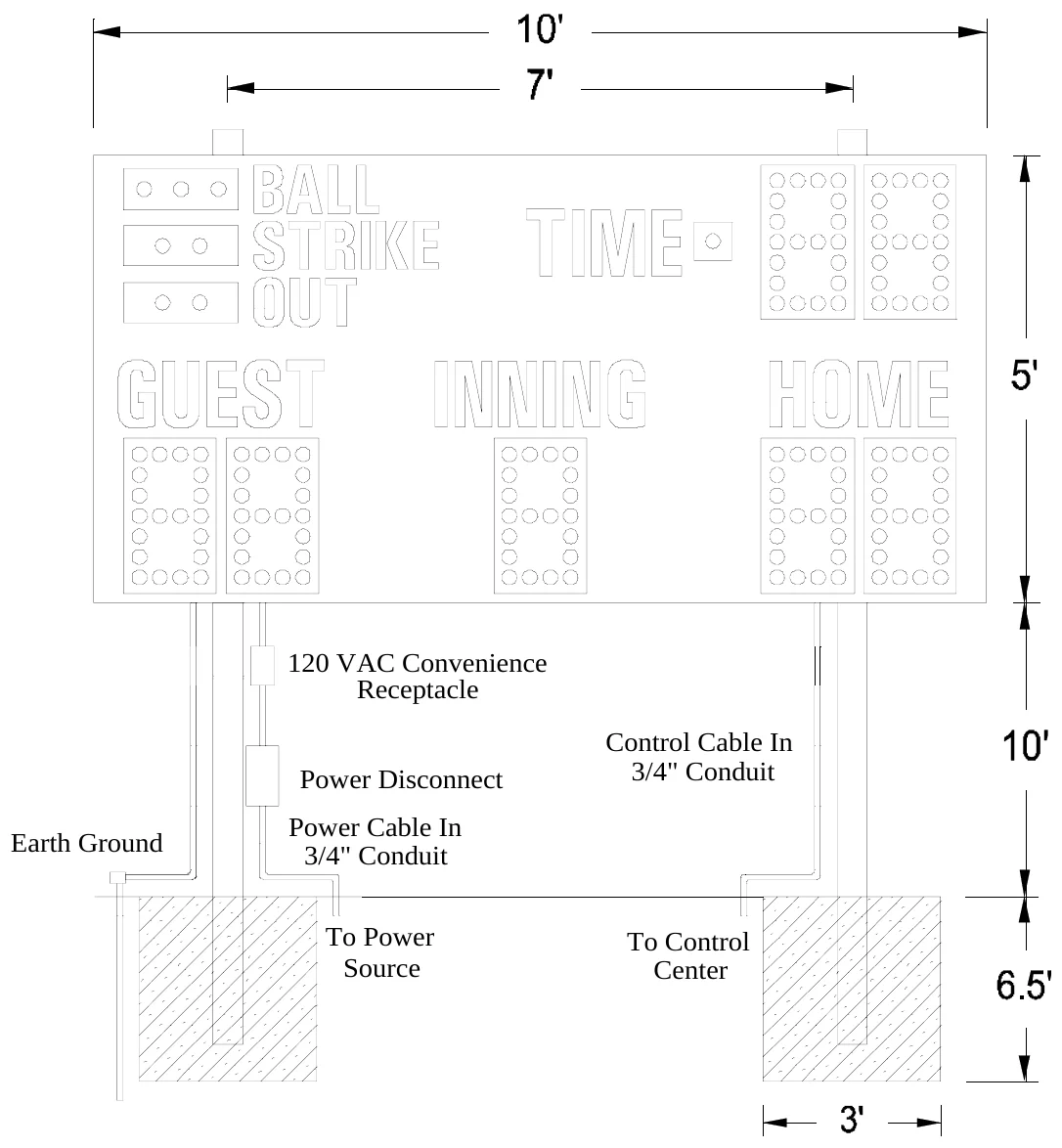 Figure 1 MM-134 Post Spacing — 120 VAC Convenience Receptacle, Control Cable In 3/4" Conduit, Power Disconnect, Power Cable In 3/4" Conduit, Earth Ground, To Power Source, To Control Center