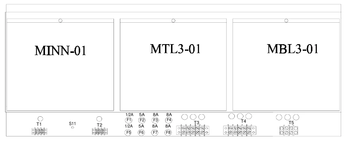 Figure 5 Lower Access Panel Removed — 1/2A F1, 5A F2 5A, 8A F3 8A, 8A F4, T1, S11, T2, T3, T4, T5, 1/2A, 8A, F5, F6, F7, F8