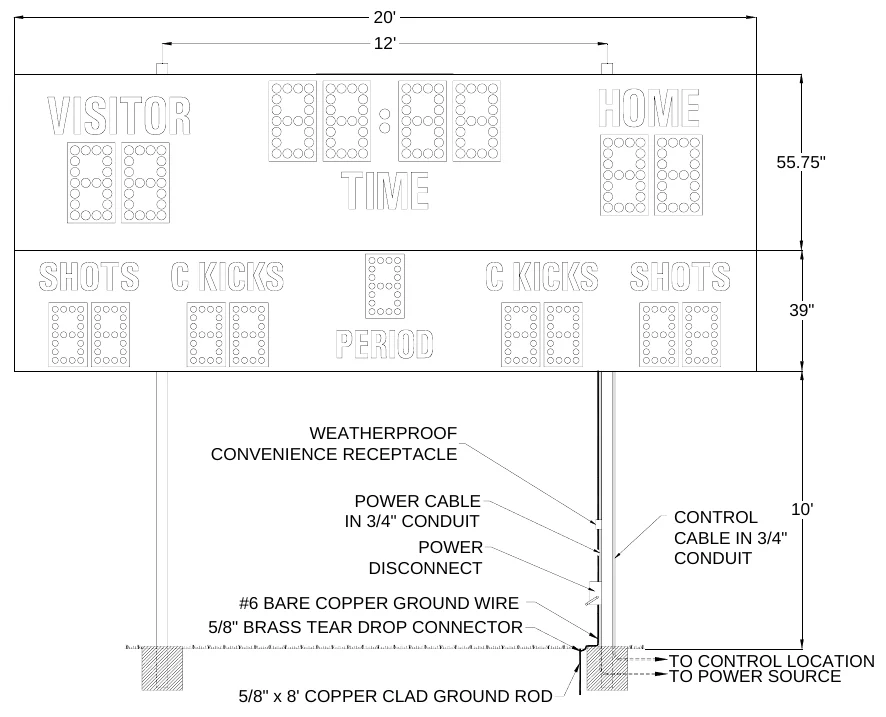 Figure 1 MP-386 Post Spacing — 20', 12', 55.75", 39", WEATHERPROOF CONVENIENCE RECEPTACLE, POWER CABLE IN 3/4" CONDUIT POWER DISCONNECT, 10' CONTROL CABLE IN 3/4" CONDUIT, #6 BARE COPPER GROUND WIRE 5/8" BRASS TEAR DROP CONNECTOR, TO CONTROL LOCATION TO POWER SOURCE, 5/8" x 8' COPPER CLAD GROUND ROD