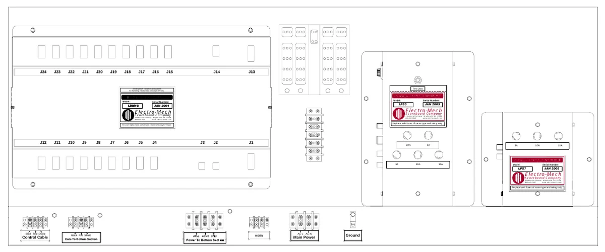 Figure 22 Upper Access Panel Components — J24, J23, J22, J21, J20, J19, J18, J17, J16, J15, J14, J13, ATTENTION: Observe precautions for handling electrostatic sensitive devices., Test Jack, Model:, LDM12, Serial Number:, JAN 2004, Model:, LPS5, Serial Number:, Electro-Mech, Electro-Mech, JAN 2003, Scoreboard Company, 3 Industrial Parkway, Wrightsville, GA 31096 800-445-7846 www.electro-mech.com, Scoreboard Company, 3 Industrial Parkway, Wrightsville, GA 31096 800-445-7846 www.electro-mech.com, No user replaceable parts inside; return to factory for repair., Replace with fuses of same type and rating only., S E, F U, J8, J7, J6, J5, J4, J2, J1, F U, S E, FU S E, F U S E, F U, S E, F U S E, F U S E, S E F U, J12, J11, J10, J9, J3, S E, F U, S F U E, 1/2A, 1A, 3A, 10A, 10A, S E, F U, S E F U, F U, SE, FU S E, FU SE, S FU E, 3A, 10A, 10A, Model:, LPS7, Serial Number:, Electro-Mech, JAN 2003, Scoreboard Company, 3 Industrial Parkway, Wrightsville, GA 31096 800-445-7846 www.electro-mech.com, Replace with fuses of same type and rating only., Control Cable, Black Red Shield, Data To Bottom Section, Black Red Shield, HORN, Main Power, AC-L AC-N, Ground