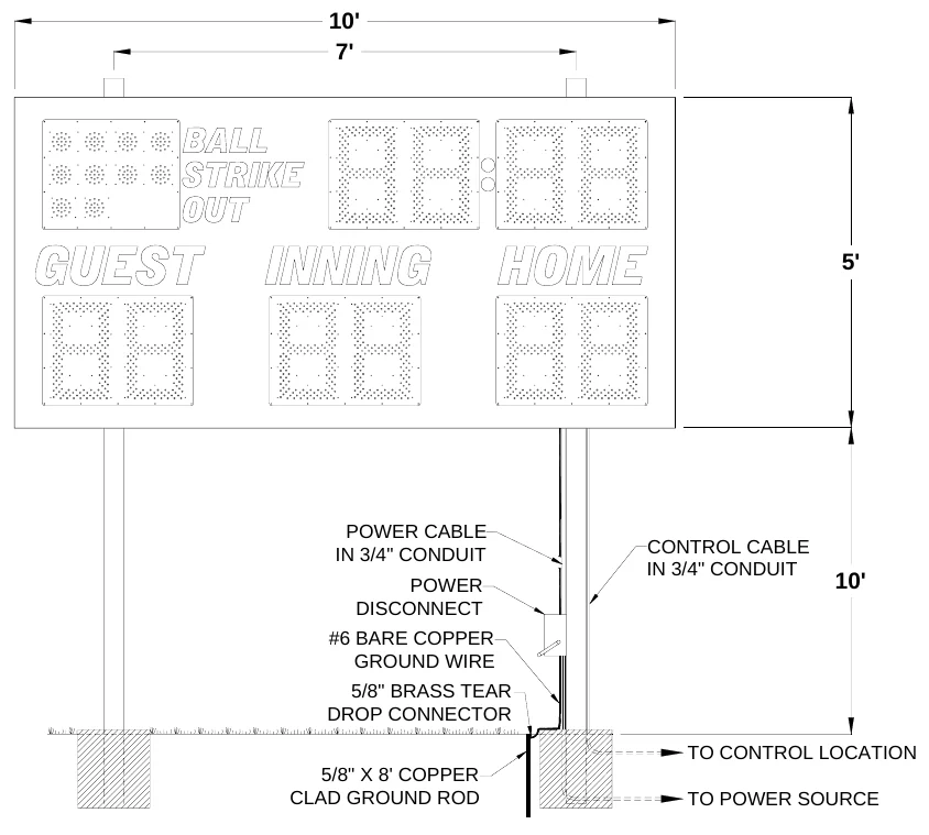 Figure 1 1360 Post Spacing — 10' 7', 5', POWER CABLE IN 3/4" CONDUIT, CONTROL CABLE IN 3/4" CONDUIT, POWER DISCONNECT, 10', #6 BARE COPPER GROUND WIRE, 5/8" BRASS TEAR DROP CONNECTOR, TO CONTROL LOCATION, 5/8" X 8' COPPER CLAD GROUND ROD, TO POWER SOURCE