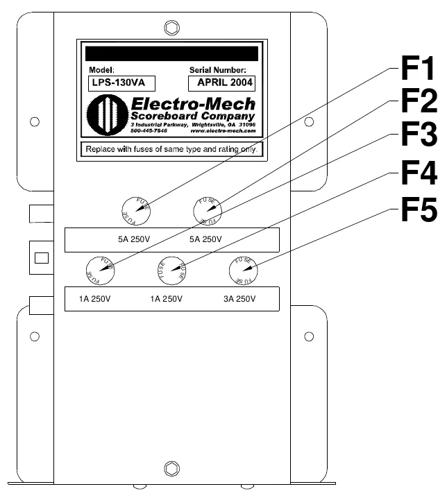 Figure 10 LPS-130VA Power Supply Module — F1 F2 F3 F4 F5, F U, S E, S E, F U, S E, J1, F U, F U S E, 5A 250V, 5A 250V, J2, FU, S E, F U SE, F U, S E, F U S E, S E, FU, F U S E, J3, 1A 250V, 1A 250V, 3A 250V