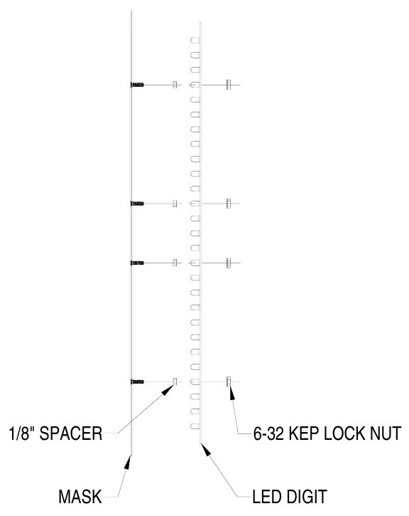 Figure 14 LED Digit Assembly — 1/8" SPACER, 6-32 KEP LOCK NUT, MASK, LED DIGIT