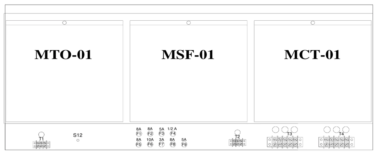 Figure 22 Upper Access Panel Components — MTO-01, MSF-01, MCT-01, 8A F1, 8A F2, 5A 1/2 A F3 F4, S12, T3, T4, T1, 8A F5, 10A F6, 3A F7, 8A F8, 5A F9, T2