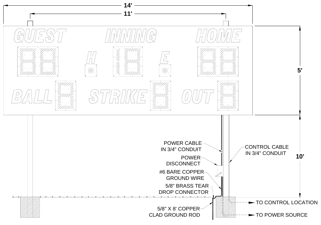 Figure 1 1250 Post Spacing — 14' 11', 5', POWER CABLE IN 3/4" CONDUIT, CONTROL CABLE IN 3/4" CONDUIT, POWER DISCONNECT, 10', #6 BARE COPPER GROUND WIRE, 5/8" BRASS TEAR DROP CONNECTOR, TO CONTROL LOCATION, 5/8" X 8' COPPER CLAD GROUND ROD, TO POWER SOURCE
