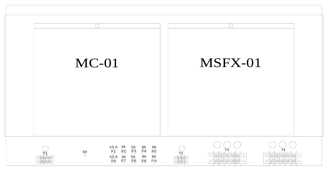 Figure 7 Access Panel Removed — MC-01, MSFX-01, 1/2 A F1, 3A F2, 5A F3, 8A F4, 8A F5, T4, T1, S9, T3, T2, 1/2 A F6, 3A F7, 5A F8, 8A F9, 8A, F10