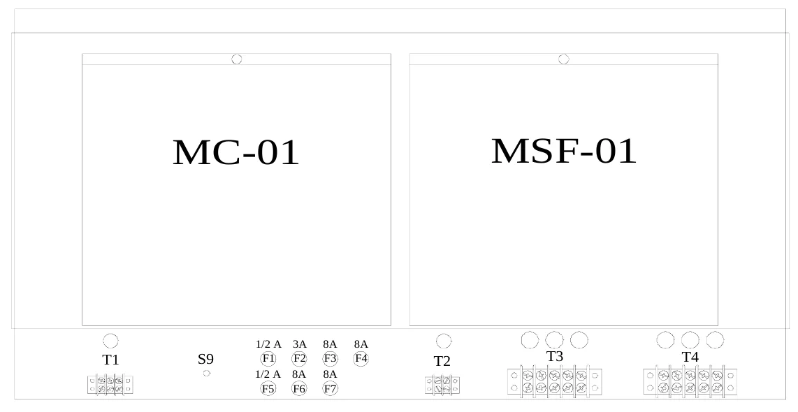 Figure 7 Access Panel Removed — MC-01, MSF-01, 1/2 A 3A F1 F2 1/2 A 8A F5 F6, 8A F3 8A F7, 8A F4, T1, S9, T2, T3, T4