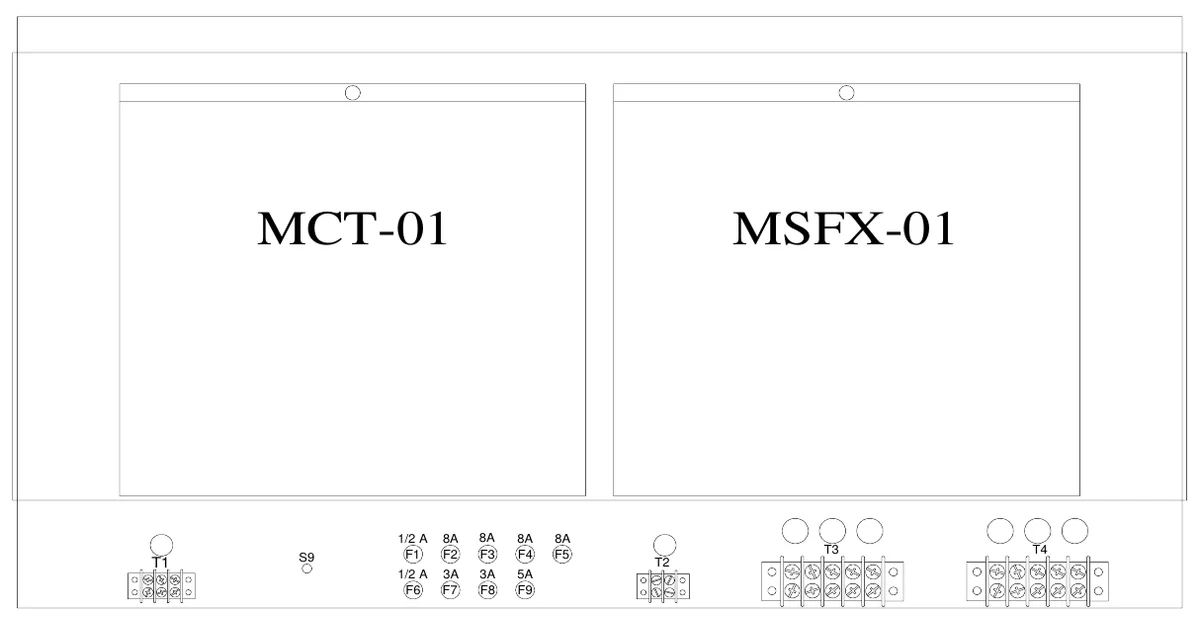 Figure 13 Access Panel Components — MCT-01, MSFX-01, 1/2 A F1, 8A F2, 8A F3, 8A F4, 8A F5, T4, T1, S9, T3, T2, 1/2 A F6, 3A F7, 3A F8, 5A F9