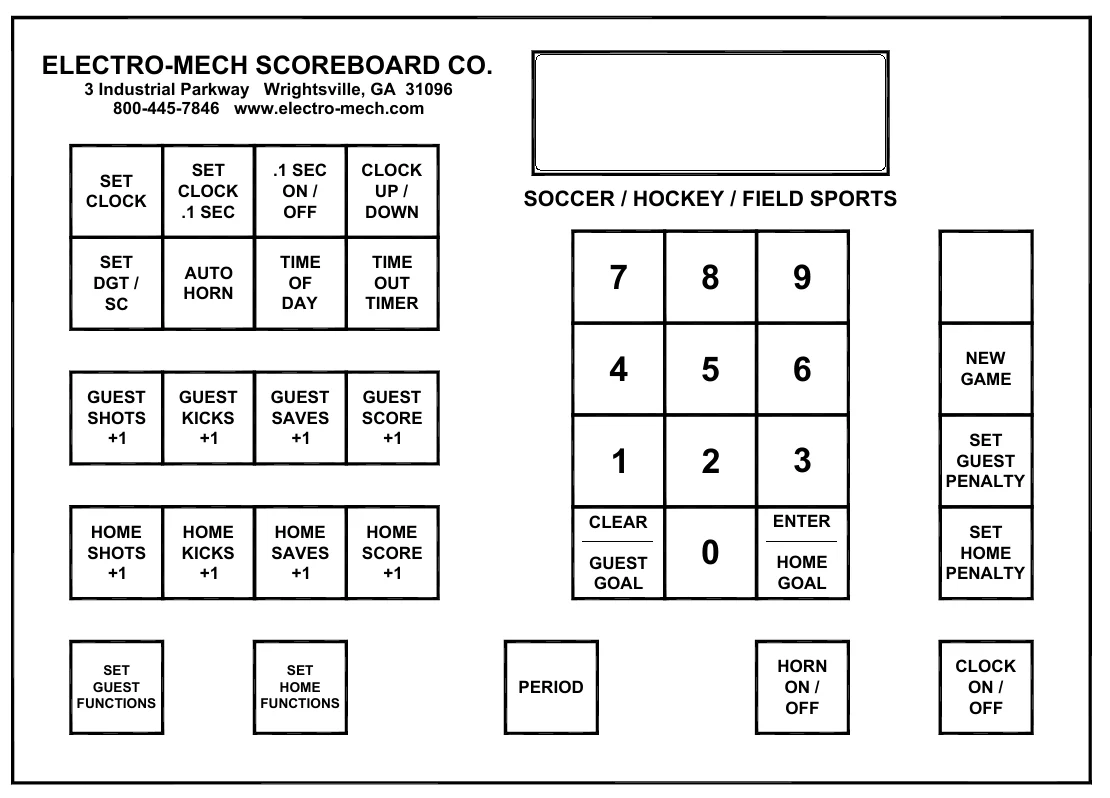 Figure 5 Keypad Layout — ELECTRO-MECH SCOREBOARD CO., 3 Industrial Parkway Wrightsville, GA 31096 800-445-7846 www.electro-mech.com, SET CLOCK, SET CLOCK .1 SEC, .1 SEC ON / OFF, CLOCK UP / DOWN, SOCCER / HOCKEY / FIELD SPORTS, SET DGT / SC, AUTO HORN, TIME OF DAY, TIME OUT TIMER, NEW GAME, GUEST SHOTS +1, GUEST KICKS +1, GUEST SAVES +1, GUEST SCORE +1, SET GUEST PENALTY, HOME SHOTS +1, HOME KICKS +1, HOME SAVES +1, HOME SCORE +1, CLEAR, ENTER, SET HOME PENALTY, GUEST GOAL, HOME GOAL, SET GUEST FUNCTIONS, SET HOME FUNCTIONS, HORN ON / OFF, CLOCK ON / OFF, PERIOD