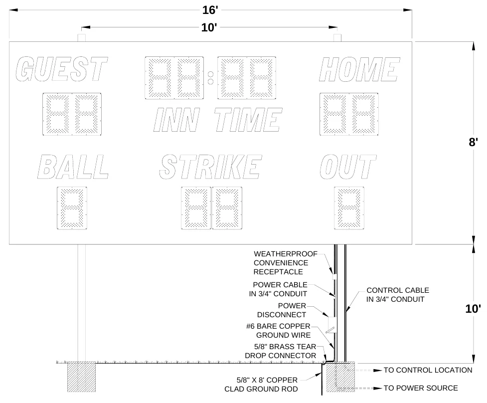 Figure 1 3450 Post Spacing — 16' 10', 8', WEATHERPROOF CONVENIENCE RECEPTACLE, POWER CABLE IN 3/4" CONDUIT, CONTROL CABLE IN 3/4" CONDUIT, POWER DISCONNECT, 10', #6 BARE COPPER GROUND WIRE, 5/8" BRASS TEAR DROP CONNECTOR, TO CONTROL LOCATION, 5/8" X 8' COPPER CLAD GROUND ROD, TO POWER SOURCE