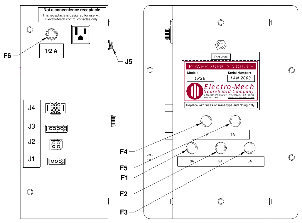 Figure 21 LPS6 Fuse Locations — Not a convenience receptacle, This receptacle is designed for use with Electro-Mech control consoles only., F U S, E, F U, S E, F U S E, 1/2 A, F6, Test Jack, J5, Model:, Serial Number:, LPS6, JAN 2003, Electro-Mech, Scoreboard Company, 3 Industrial Parkway, W rightsville, GA 31096 800-445-7846 www.electro-m ech.com, J4, Replace with fuses of same type and rating only., F U, S E, SE, S E, F U, F U, S F U E, J3, 1A, 1A, J2, F U, S E F U, F4, SE, S E, SE, FU, F U, S F U E, S F U E, J1, 3A, 5A, 5A, F5 F1, F2, F3
